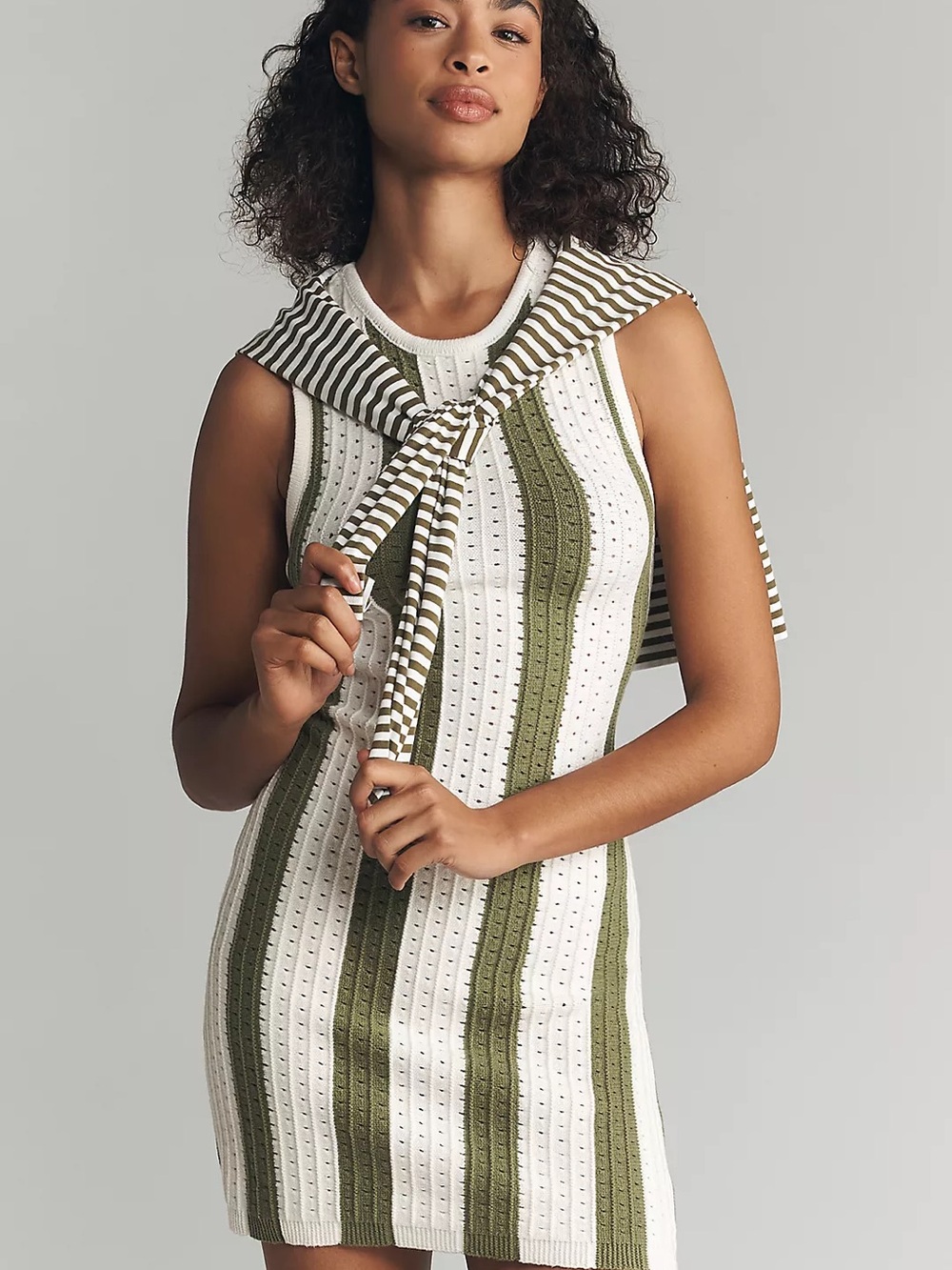 Sleeveless Knit Mini Dress in Olive & White
